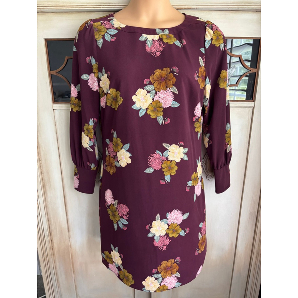 EUC LOFT Dress Womens Burgundy Floral Round Bishop Sleeve Shift Dress Sz 10